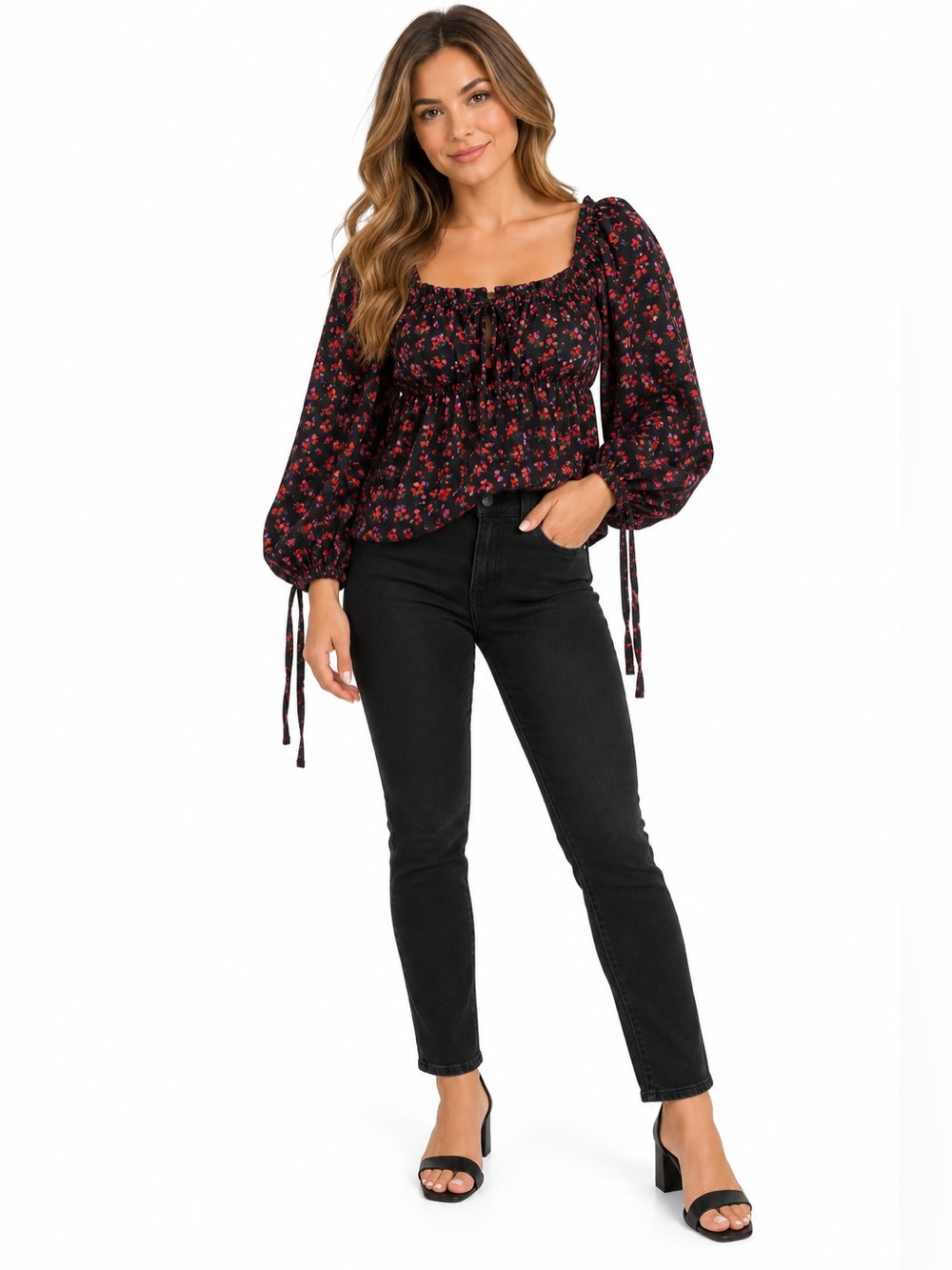 Topshop Black Floral Ruched Puff Sleeve Blouse Size 8